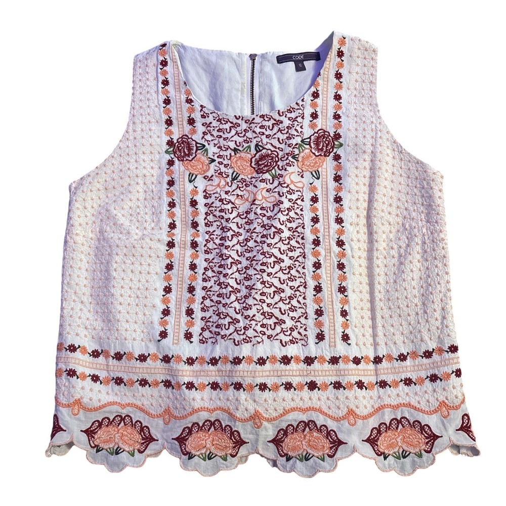 Code Womens White Boho Embroidered Floral Sleeveless Cotton Top, Size 12